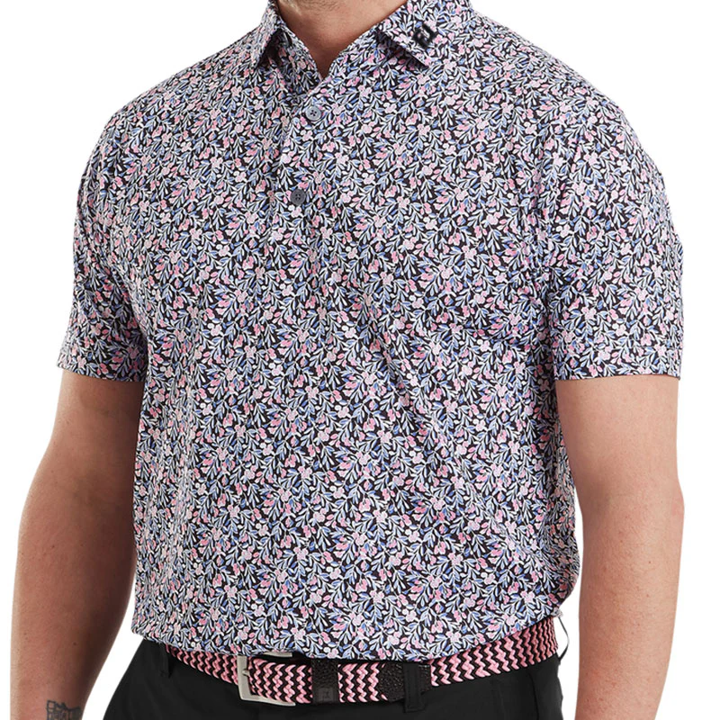 FOOTJOY Meadow Print Lisle Men's Polo (Black/Purple) - Image 3